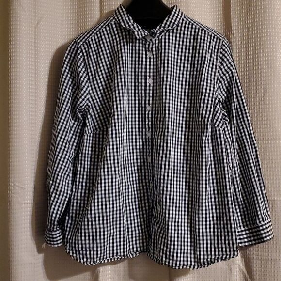 ELLOS WOMAN BUTTON DOWN  SHIRT  CHECKER BLACK WHITE - Picture 1 of 6